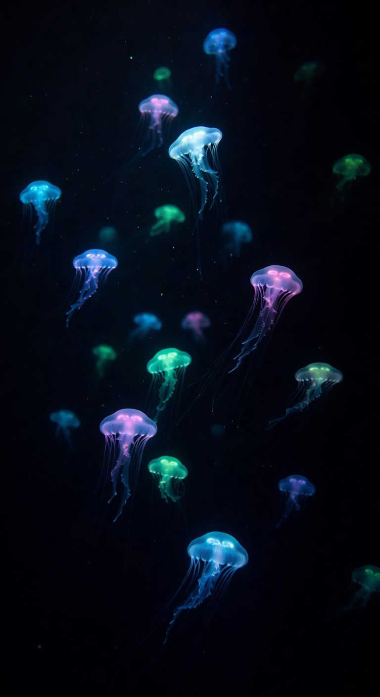 Bioluminescent jellyfish glowing in the deep ocean depths