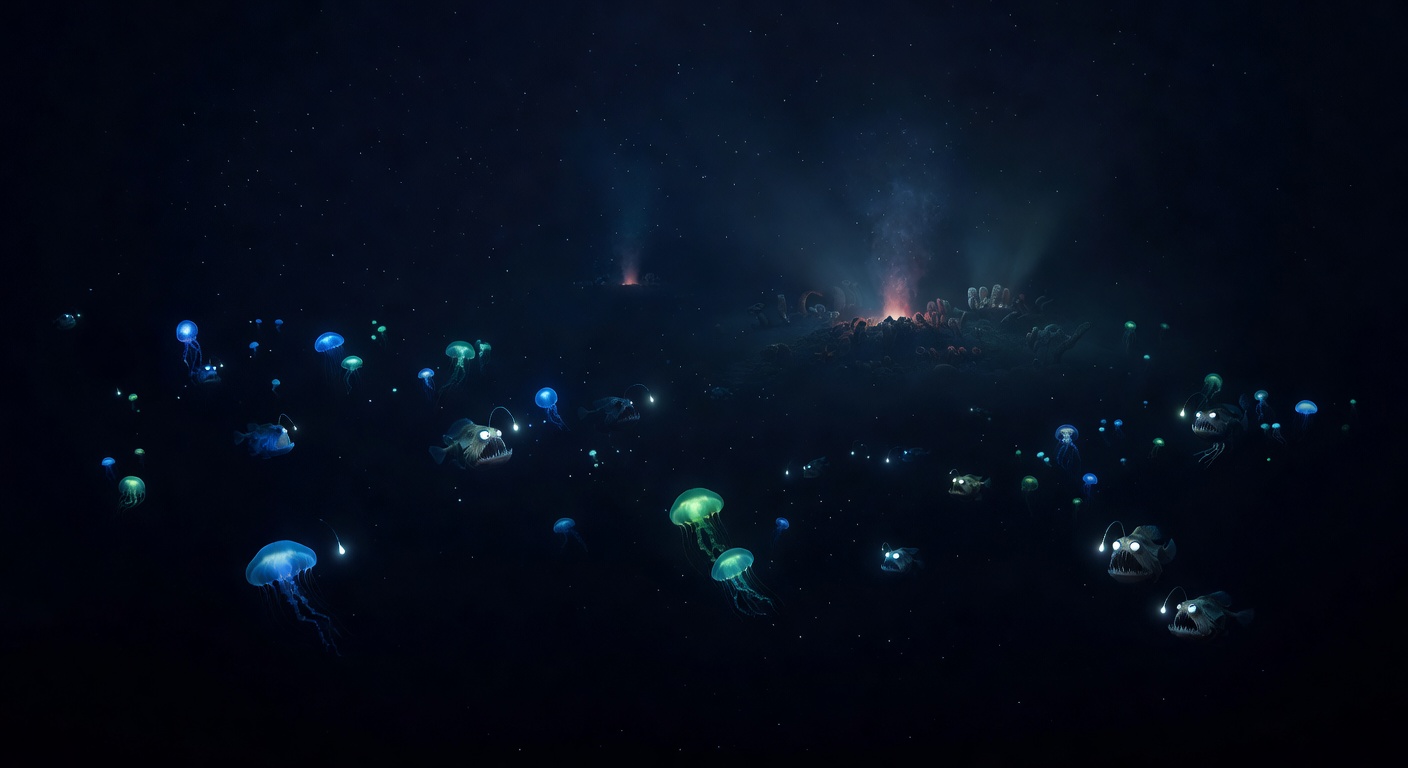 Cinematic deep ocean underwater landscape with glowing lights